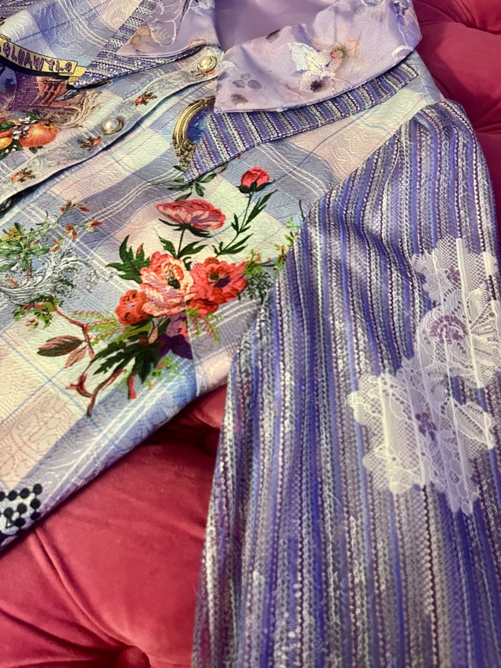 BURRYCO 2pc Blouse & Skirt Set -
Size 0 - Lilac Floral Plaid Jacket & Mini Skirt - Picture 12 of 16